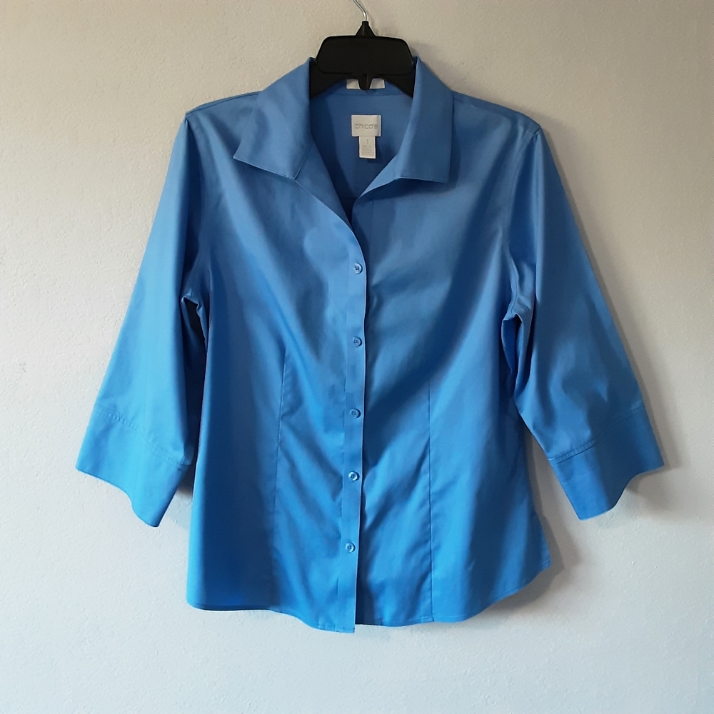 Women’s Chico’s Blouse 3/4 Sleeve Button Down Blue Wrinkle Resistant Sz 1